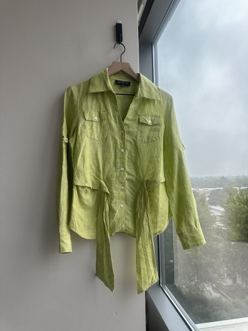 Jones New York Signature 100% Linen Line Green Button Down Shirt Sz S
